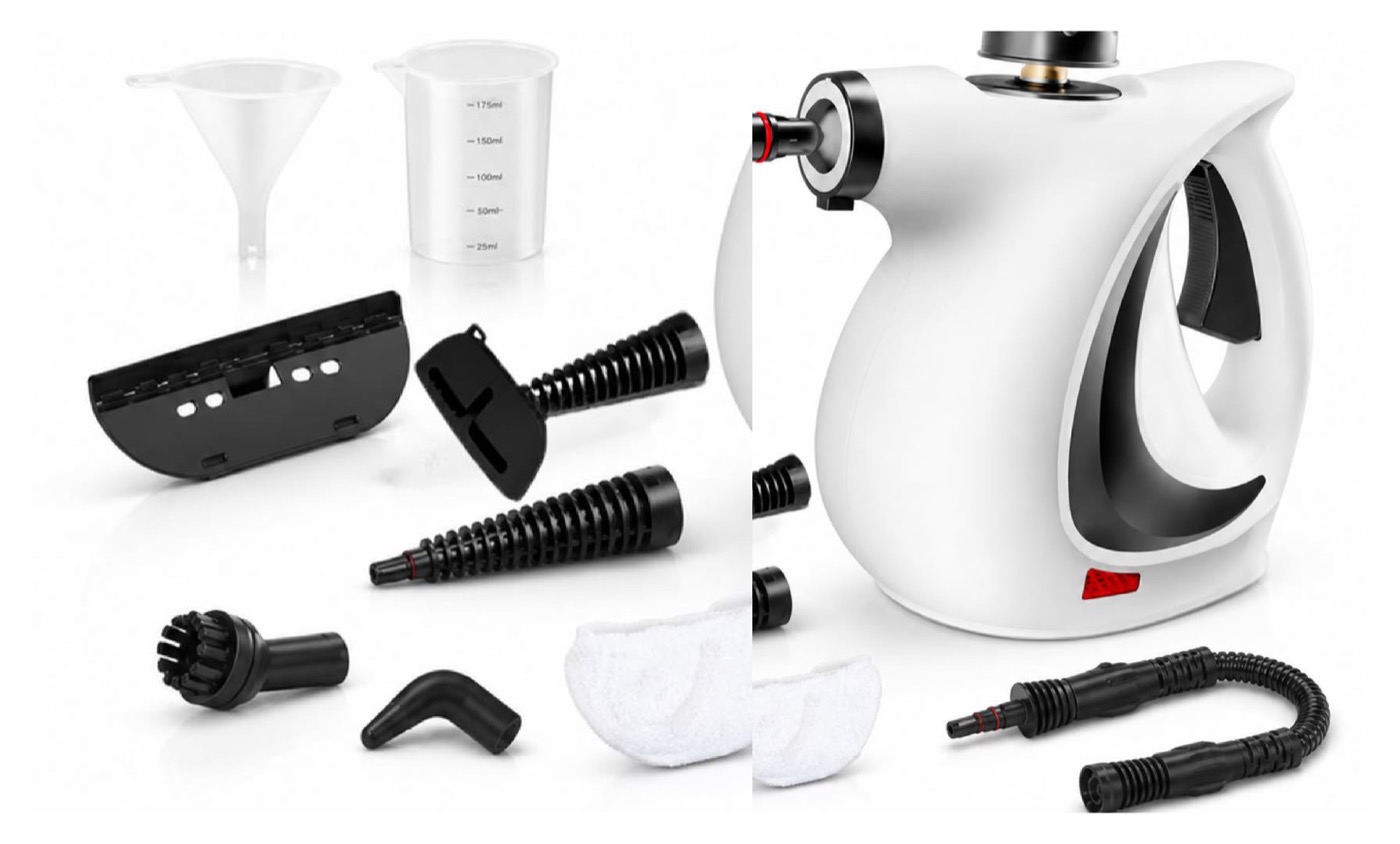 The handheld cleaner with the nine included pieces